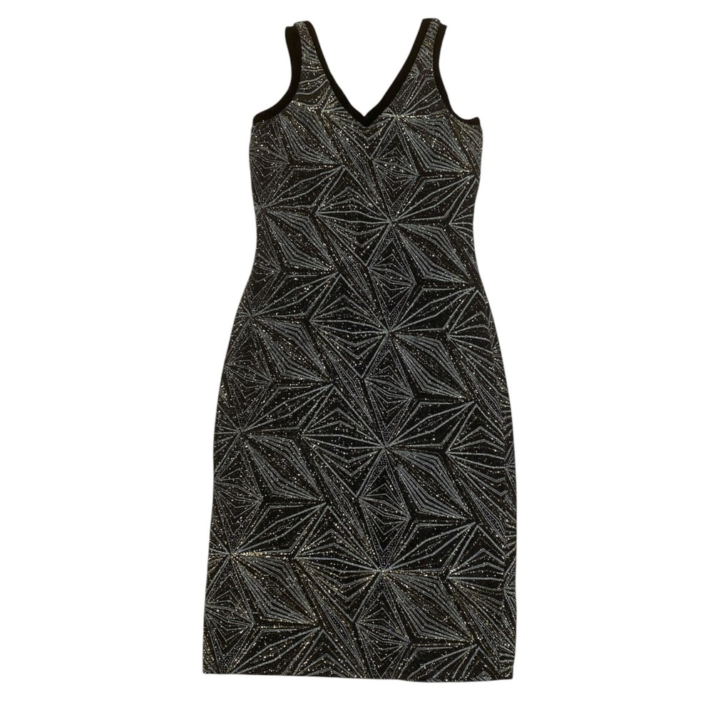 Y2K Wrapper Sleeveless Dress Women’s S Black Gold Geometric Midi Cocktail V Neck